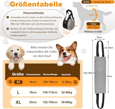 Регульована переносна допомога для собак, повід для реабілітації, для собак з обмеженими можливостями, поранених або літніх собак - шлейка для собак як засіб для ходьби для маленьких і великих собак (Сірий, M)