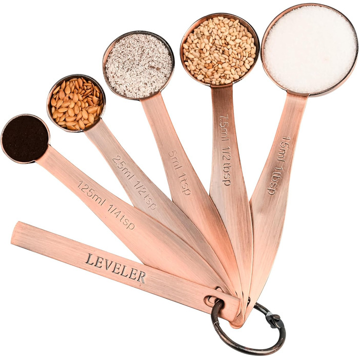 Copper-Plated Measuring Cup and Spoon Set, 5 Stainless Steel Measuring Cups and 5 Metal Measuring Spoon Set with Leveler, US and Metric Kitchen Measuring Cup and Spoon Set for Baking and Cooking