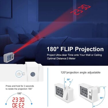 CHEREEKI Projection Alarm Clock, Alarm Clock with Indoor Temperature, 4 Adjustable Projection Brightness, 9-Minute Snooze Function, Digital Alarm Clock Suitable for Office and Bedroom