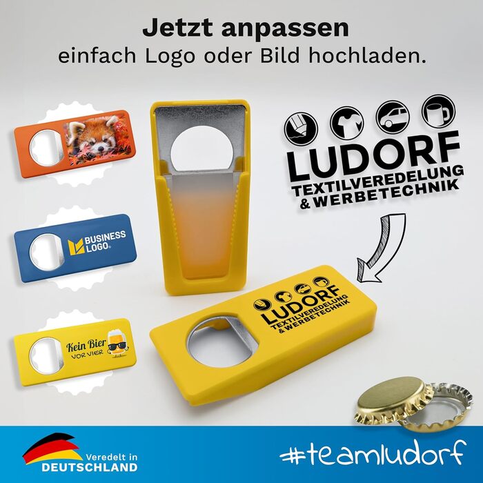 Персоналізований жовтий відкривачка для пляшок #teamludorf з гравіюванням фото, логотипу або тексту – подарунок для пива, металевий відкривачка з кришкою