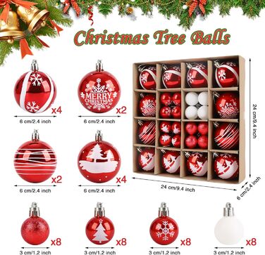 Ялинкові кулі Ilauke, 44 шт. Пластикові кулі червоно-білі, 3 та 6 см. Декорації для ялинки, прикраси на свята, для дому, вечірки, весілля, Різдво.