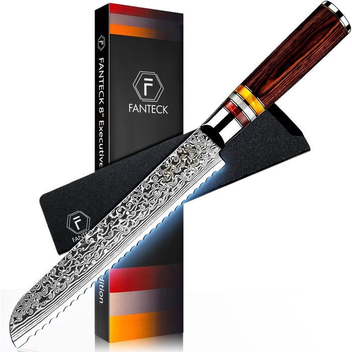 Ніж кухонний FANTECK 16см Дамаск, для овочів та фруктів, професійний шеф-ніж, 67-шарів VG-10 сталь, з ручкою Pakka Wood, 8 дюймів (хлібний ніж)