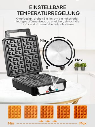 Вафельниця FOHERE з 4 формами, 1200W, бельгійські вафлі, антипригарне покриття, регулятор засмаги, нержавіюча сталь – ідеальна для сімейного сніданку, чорний