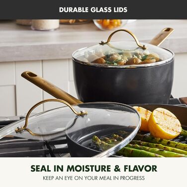GreenPan Reserve Hard Anodized, Healthy Ceramic Non-Stick Coating, 16-Piece Cookware Set, Pots and Pans, Golden Handle, PFAS-Free, Dishwasher Safe, Oven Safe, Black 16 Piece Cookware Pots and Pans Set Schwarz