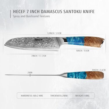 Японський ніж Hecef Damast з високоякісною ручкою з харчової смоли, 20 см. Професійний ніж для кухні з 67 шарів дамаської сталі, гострий, з захистом для леза. Ідеальний подарунок шеф-кухарю та поціновувачу кулінарії.