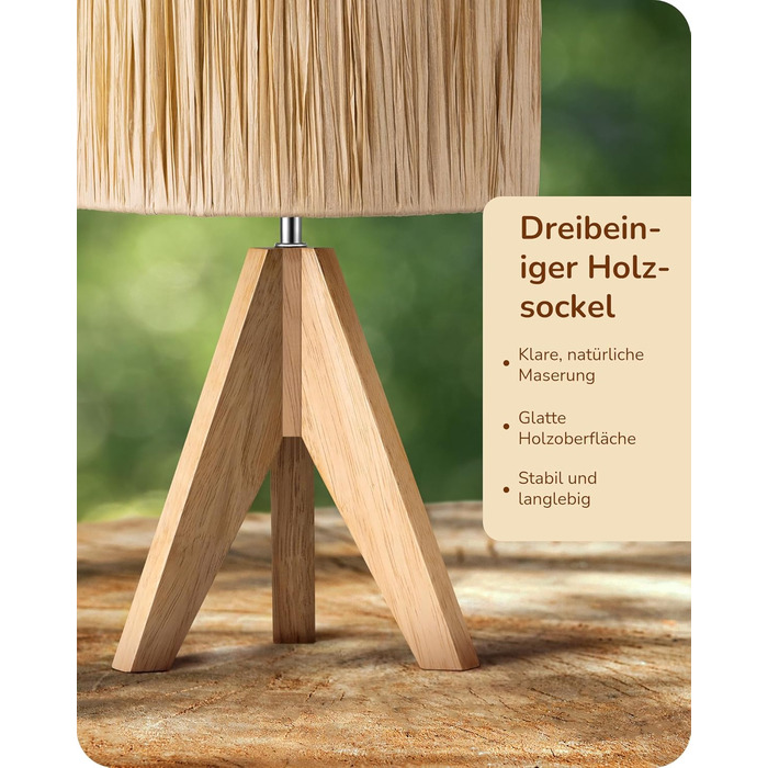 EDISHINE Настільна лампа з ручним плетінням, тепле світло 2700K, з дерев'яною підставкою, Boho стиль, для спальні, вітальні, готелю, з LED лампою E27 4W (рафія)