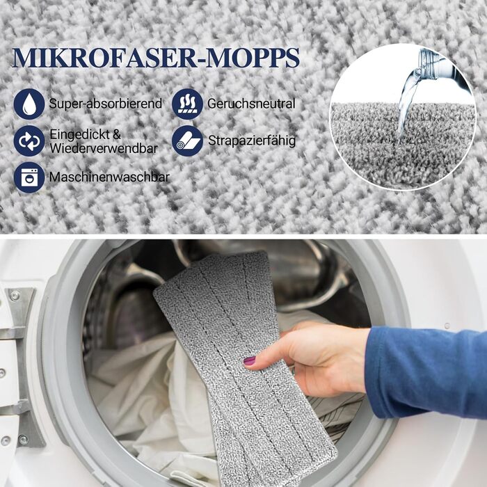 Набір для миття підлоги MASTERTOP з відром, моп з нержавіючою ручкою та 3 насадками, 2 в 1 набір відр та мопа, плоский моп з функцією віджиму для ламінату, плитки, твердої підлоги (Бежевий) (Набір для миття підлоги з відром: Сірий+Блакитний)