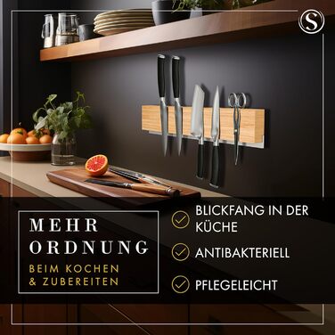 SEMPREZA® Magnetic Knife Strip | 40cm | Oak Wood & Stainless Steel | for Gluing or Screwing | Magnetic Knife Holder | Magnetic Knife Rail | Self-adhesive Magnetic Knife Holder