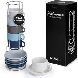 MIAMI – 6 x 75 ml Espresso Cups/Espresso Cup Set with Stand Stoneware Ceramic - Palmanova Collection (Ocean)