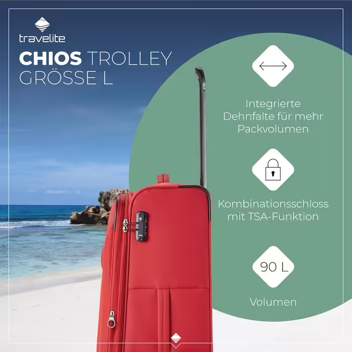 Travelite 4-Wheel Luggage Size L, Softshell, Chios Luggage Series with Expandable Folding and Edge Protection, Trolley with Timeless Design, 78 cm, 90-97 Liters (Trolley Size L (78 cm), Red)