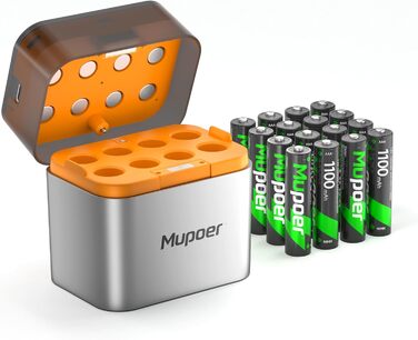 Акумулятори AAA з зарядним пристроєм, 16 шт. - NiMH 1.2V 1100mAh, сумісні з Gigaset, іграшками, раціями, камерами