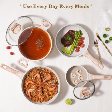 Набір каструль та сковорідок, 12 предметів, з антипригарним покриттям, індукційний, з граніту, без PFOA та PFOS, з силіконовими аксесуарами (білий)