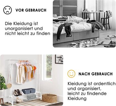 Стійка для одягу на підлозі з металу з полицею для взуття та нижньою полицею, для спальні. Металева стійка для одягу з подвійними вішалками (біла)