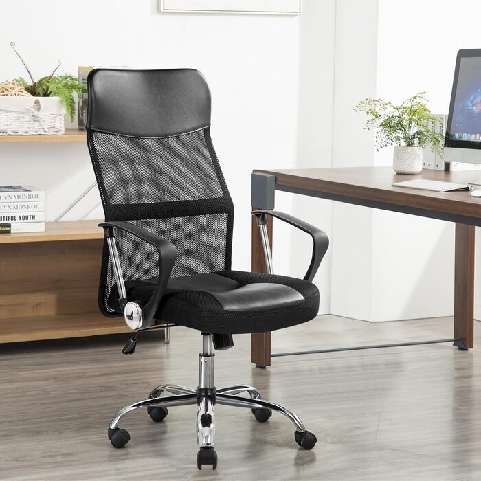 Офісне крісло Yaheetech з високою спинкою, ергономічне, регульоване по висоті, з м'яким сидінням, до 135 кг, сітка, чорний