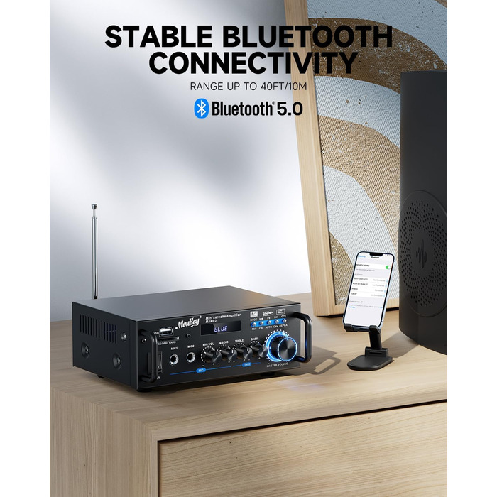 Стерео Bluetooth караоке підсилювач Moukey 2.0 каналів, 100Вт, Hi-Fi, RCA, USB, SD, 2 мікрофонні входи, FM-радіо для авто та дому