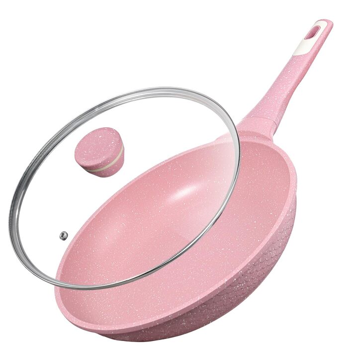 Сковорода антипригарна DYGG 20 см з кришкою (скло), гранітне покриття, без PFOA/PFAS, для всіх плит (індукція, газ, електро, кераміка) рожева