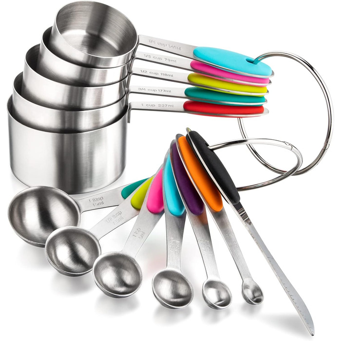 Stainless Steel Measuring Cup and Spoon Set including 4 Measuring Cups, 5 Measuring Spoons, and 1 Leveler for dry or liquid ingredients (C5S7)