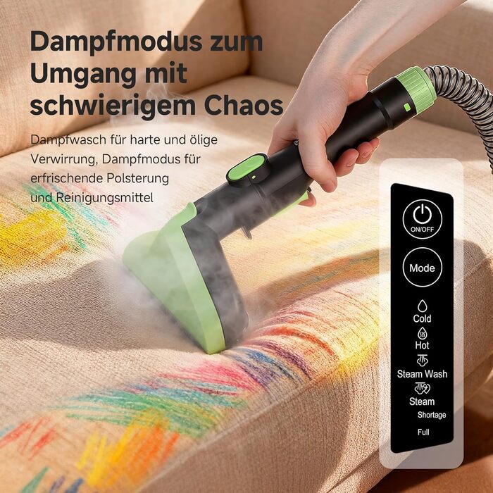 Пристрій для чищення м'яких меблів з гарячою парою та 17KPa - 1800W миючий пилосос для килимів, диванів, автомобілів та сходин - з голосовим управлінням та самоочищенням - 4 насадки, зелений середнього розміру
