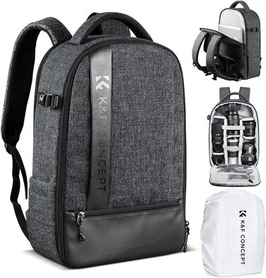 Рюкзак для камери K&F Concept 18L сірий/чорний з відділенням для ноутбука 15.6 дюймів, водонепроникний, для DSLR/штатива/аксесуарів