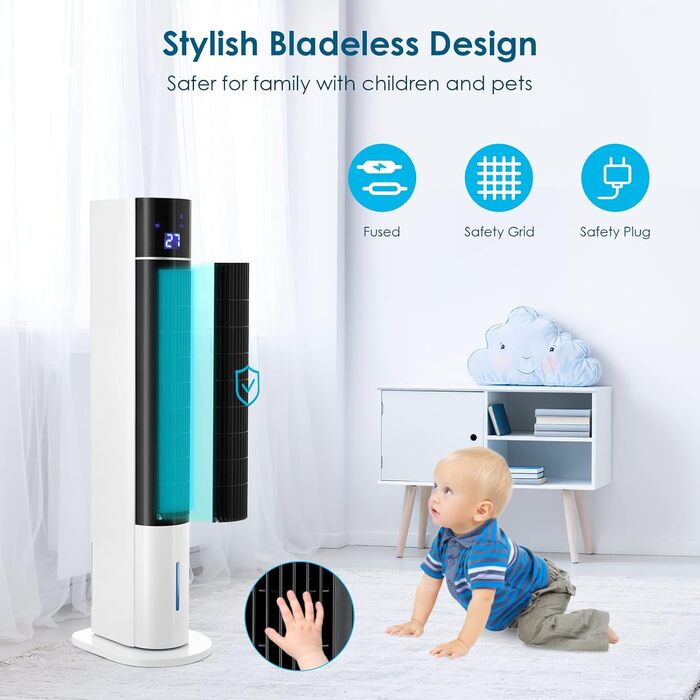 Турбовентилятор 104 см з дистанційним керуванням та водяним охолодженням, 4 в 1: охолодження, зволоження, очищення повітря. Обертання 50°, таймер 12 годин, тихий, для спальні, вітальні, білий