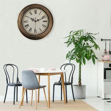 DIYZON Round Classic Wall Clock, Silent No Ticking, 40 cm High-Quality Quartz Vintage Clock, Large Numbers Retro Decorative Clock, Battery Operated, Easy to Read for Home, Kitchen, Dining Room (Gold, 25CM)