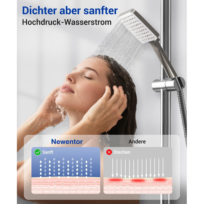 Набір для душу Newentor з шлангом 1,5 м, високий тиск, 6 режимів, срібляний (душова лійка, позолочений шланг)