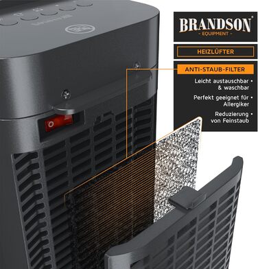 Керамічний обігрівач Brandson 2000W, тихий, енергоощадний, з дистанційним керуванням, холодний режим, 2 потужності, осциляція, для офісу, вітальні, спальні, чорний