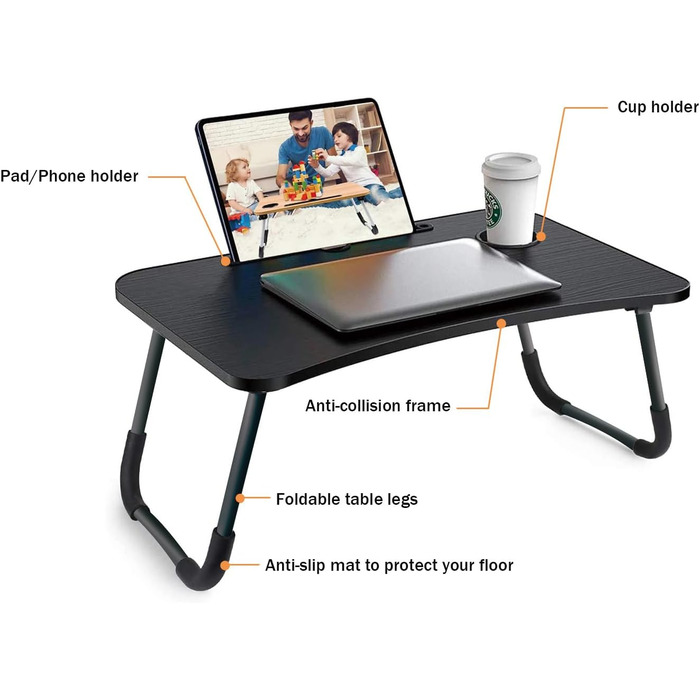 Стіл для ноутбука в ліжко, складаний, портативний: стіл для читання, піднос для сніданку, стіл для ноутбука, з тримачем для напоїв, 60 x 40 см, чорний