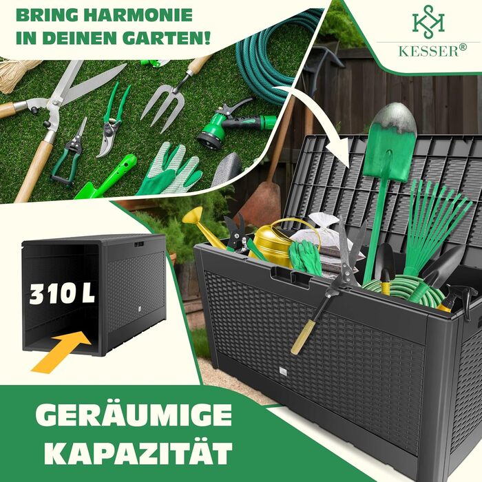 KESSER Садова скриня для подушок 310 л з роликами, складна кришка, ручки, ротанг, антрацит