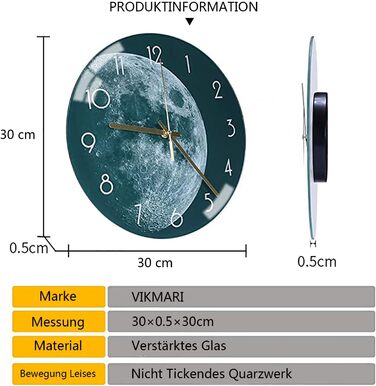 VIKMARI Glass Wall Clock Silent-Non Ticking Wall Clocks - Quality Quartz Battery-Operated Round 12 Inch (Earth Pattern)