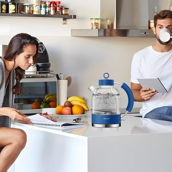 Електричний чайник зі скла ASCOT, 2200W, 1.5L, без BPA, тихий, з функцією автоматичного відключення, білий (класичний блакитний)
