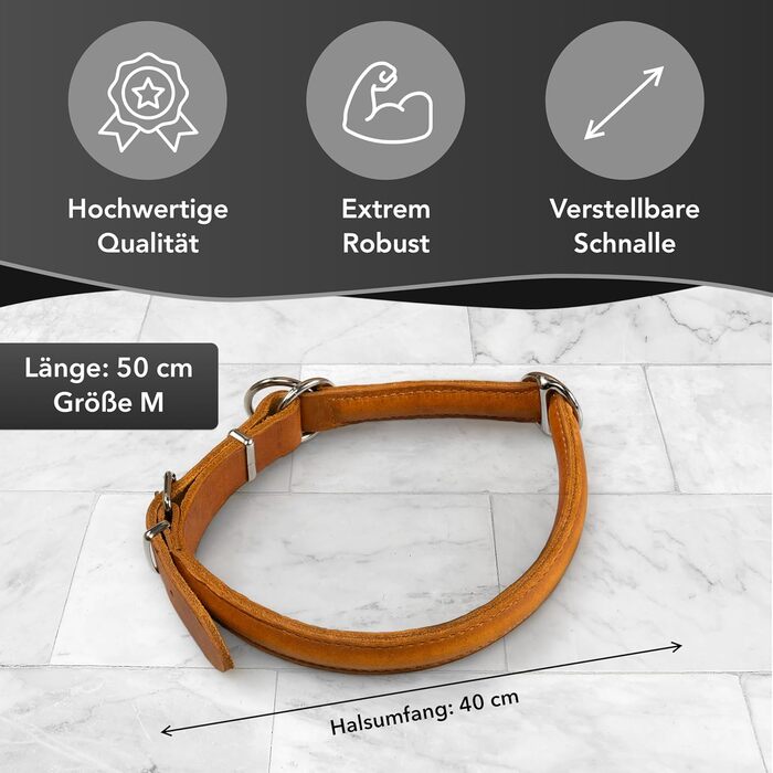 Rund & Weich - Stop-and-Go Dog Collar L - 55cm with Adjustable Buckle and Integrated Stable Core, Leather Collar with Pull Limiter, Gentle Stop, Cowhide Leather (50 M, Cognac)