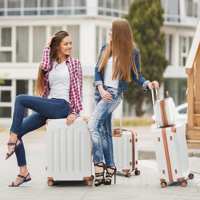 Набір валіз LEADZM 4 шт. з косметичкою, посилені кути, ABS, телескопічний ручка, ручна поклажа (Чорний, Бежево-коричневий, в смужку)