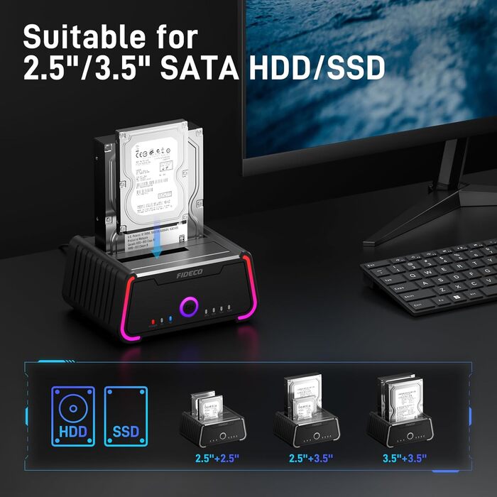 Док-станція для жорстких дисків FIDECO USB 3.0 з RGB підсвічуванням, Dual-Slot, підтримка UASP та офлайн-клонування (2.5/3.5