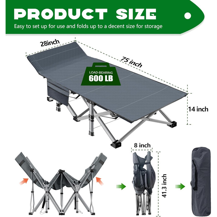 Розкладне ліжко ZIKEBTUY для кемпінгу та відпочинку: міцне, з матрацом, 200 кг, 190x71x36 см