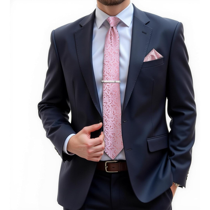 DiBanGu Шовковий краватка та нагрудна хустинка для чоловіків. Набір краваток та запонок. Тканий, однотонний (рожевий квітковий)