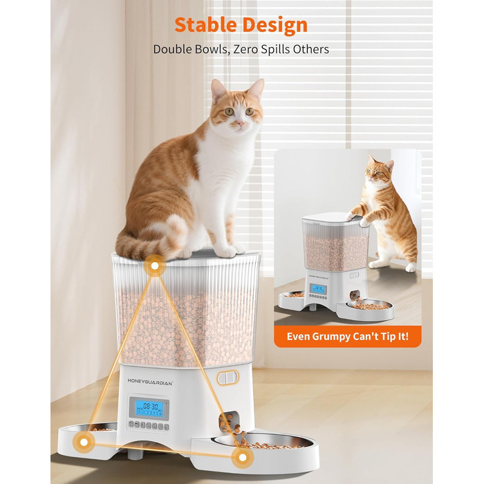 Автоматичний годівниця для котів та собак HoneyGuardian з таймером, 2 миски, 3.5L, стабільна, з антиковзкими ніжками
