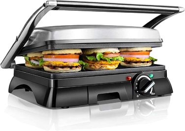 Aigostar Samson 30KLU- XXL Contact Grill, Panini Grill, Sandwich Maker, 2000 Watt, non-stick stainless steel coating, 180-degree hinge, temperature control, SINGLE PACKAGING.