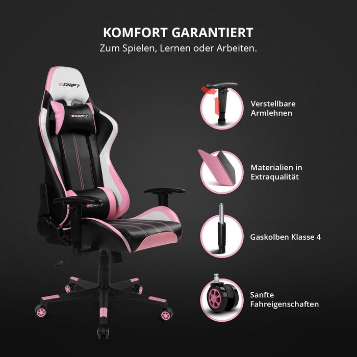 Геймерське крісло DRIFT DR175PINK: професійне, чорно-рожеве, зі штучної шкіри, з регульованими підлокітниками 2D та газліфтом класу 4