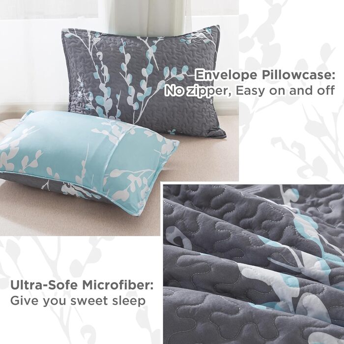 Набір постільної білизни Andency з квітковим малюнком, King Size (277x244 см), 3-частини (блакитно-зелена ковдра з малюнком та 2 наволочки), літній, легкий, двосторонній, мікрофібра, блакитно-зелений колір