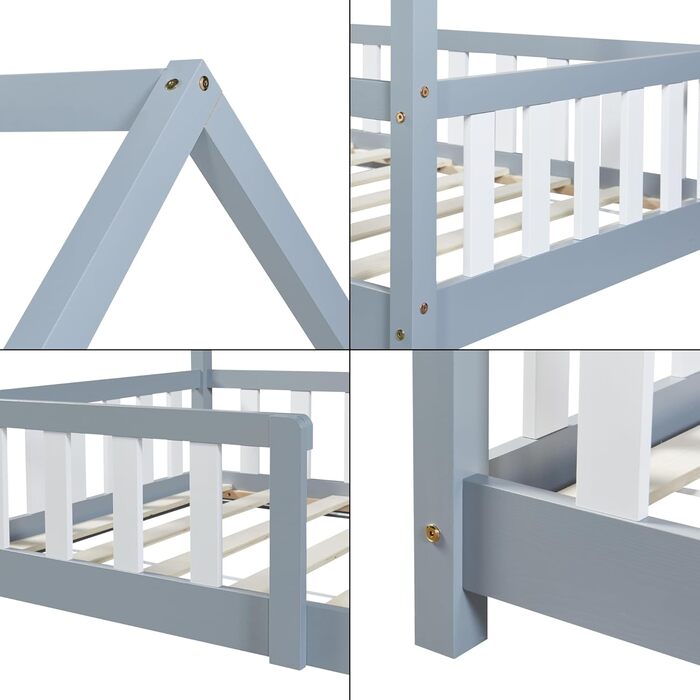 en.casa Kinderbett Sisimiut House Bed 90 x 200 cm with Fall Protection Wooden Bed for Children Floor Bed Slatted Frame Pine Wood Light Grey/White Light Grey / White 90x200 cm