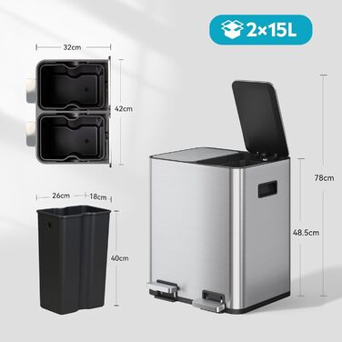 Відро для сміття WLIVE кухонне 30л з роздільним збором (2х15л), педаль, нержавіюча сталь, сріблястий - для кухні, ванної, офісу
