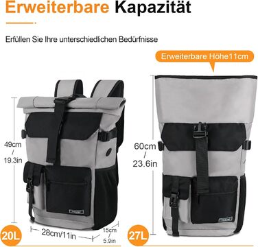 Roll-top Backpack Waterproof, 27L Large Backpack Men Women, School Backpack with 17.3 inch Laptop Compartment, Travel Backpack Hiking Backpack for Business Work University Travel Leisure (Gray)