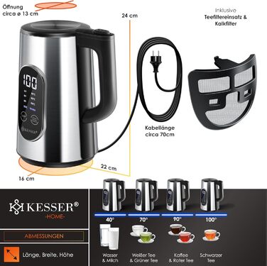 KESSER® Stainless Steel Kettle 1.7 Liter | LED Display | 4-Mode Temperature Setting 40°C-100°C | 30-Minute Keep Warm | Electric Tea Kettle 2200W BPA-Free | Scale Filter & Easy-Open Lid, (Silver)