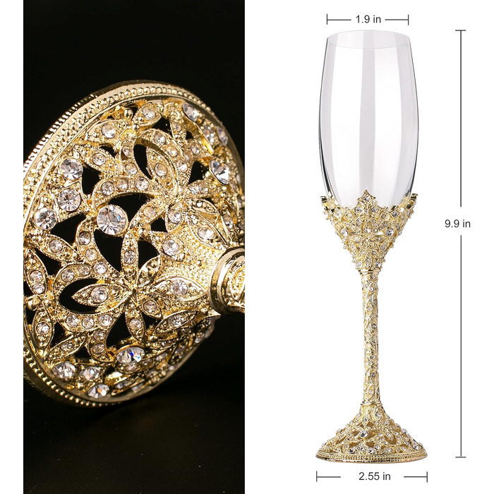 Кельхі Шампанське - склянка з кришталю, металева основа з кристалами, набір для нареченого та нареченої, весілля, свята, дня народження, банкету та подарунків, 2 шт (Золото)