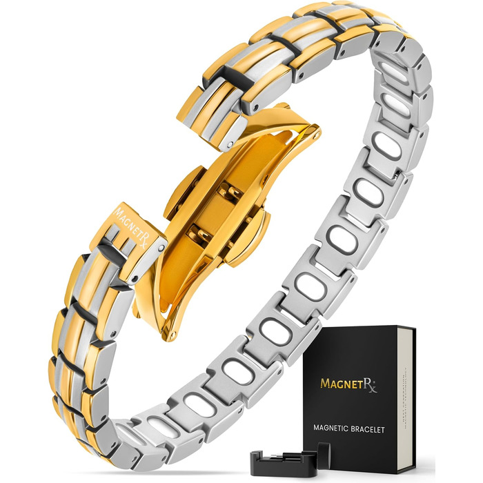 Браслет на магнітах MagnetRX® Ultrastarkes Titan для жінок – браслет з титану, регульований розмір, срібло та золото (5x міцність)