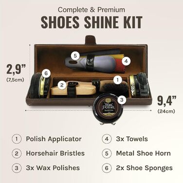 Stone & Clark 12-Piece Leather Shoe Cream & Care Set with Brown Wax, Shoe Brushes for Polishing, Compact Shoe Shine Kit with Horsehair Brushes & PU