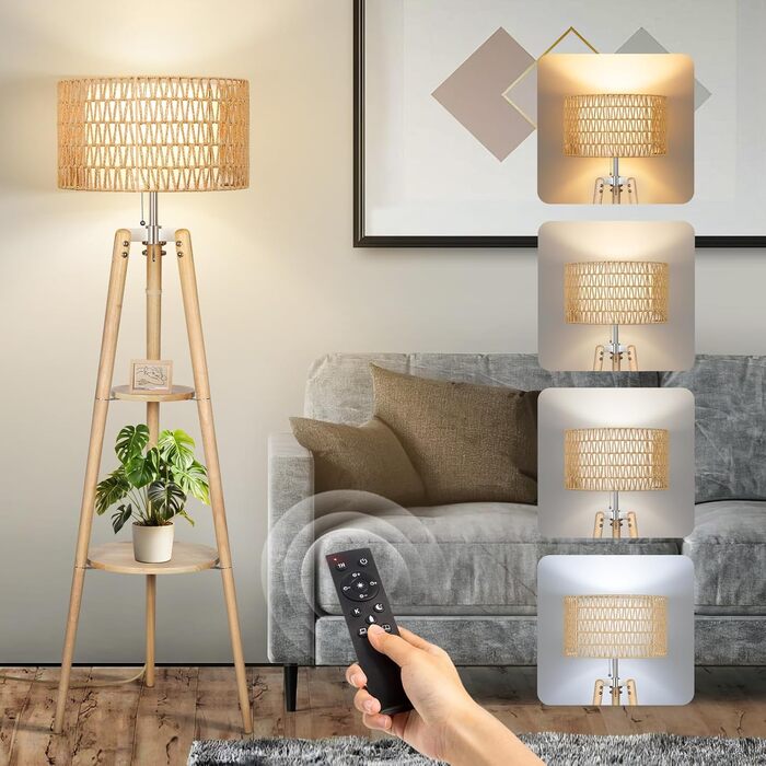 LED торшер Outon з трьома ніжками, регульоване освітлення, полиця, пульт, 4 режими кольору, таймер, 2 плафона, для вітальні/спальні (дерев'яний)