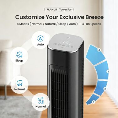 Вентилятор вежовий FLANUR WiFi Alexa 108 см, тихий (25 дБ), з пультом, 4 режими, 90° осциляція, таймер 12 год, чорний