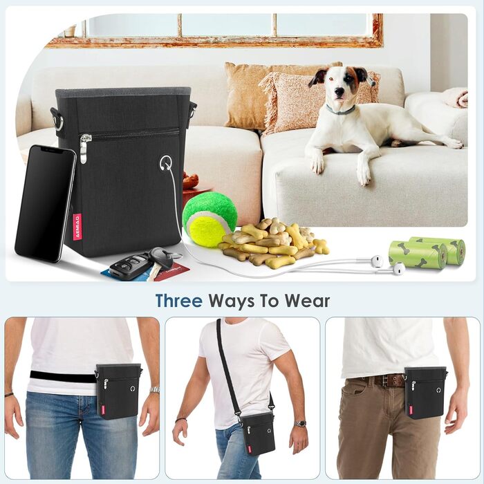 Футляр для ласощів для собак з магнітною застібкою, 2025. Практичний мішок для годування собак, мішок для ласощів з винімною внутрішньою кишенею | Диспенсер для відходів, (Чорний)